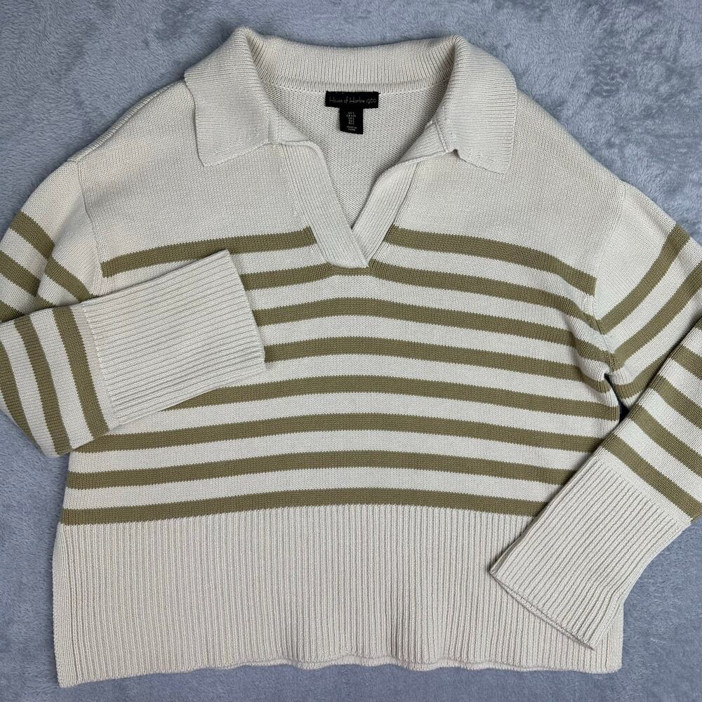 House of Harlow 1960 Birch Olive Striped Polo Ribbed Knit Boxy Sweater Y2K - L